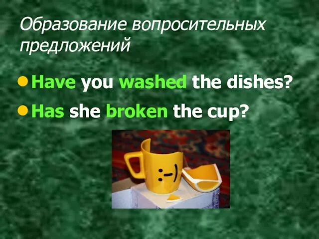 Образование вопросительных предложений Have you washed the dishes? Has she broken the cup?