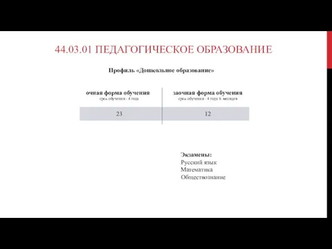 44.03.01 ПЕДАГОГИЧЕСКОЕ ОБРАЗОВАНИЕ очная форма обучения заочная форма обучения срок обучения