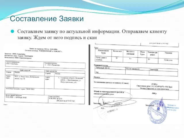 Составление Заявки Составляем заявку по актуальной информации. Отправляем клиенту заявку. Ждем от него подпись и скан