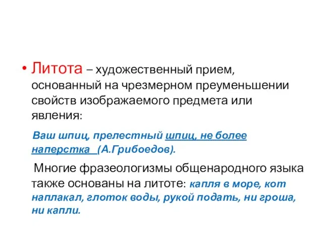 Литота – художественный прием, основанный на чрезмерном преуменьшении свойств изображаемого предмета