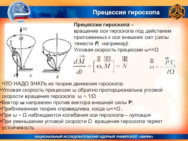 Прецессия гироскопа Прецессия гироскопа – вращение оси гироскопа под действием приложенных