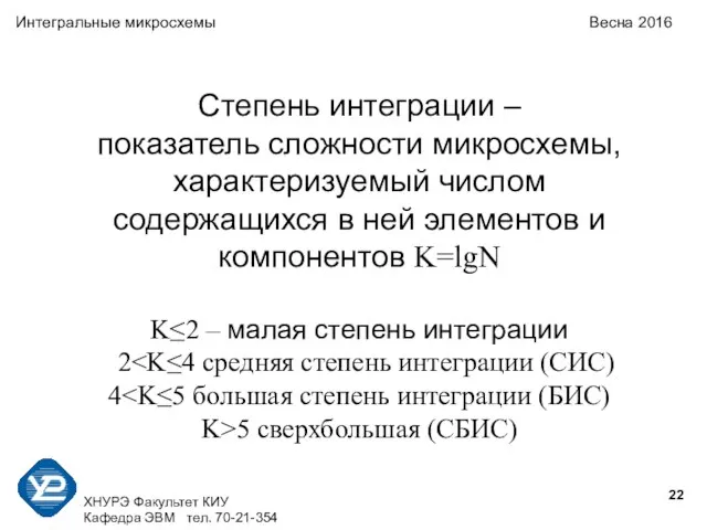 ХНУРЭ Факультет КИУ Кафедра ЭВМ тел. 70-21-354 Интегральные микросхемы Весна 2016