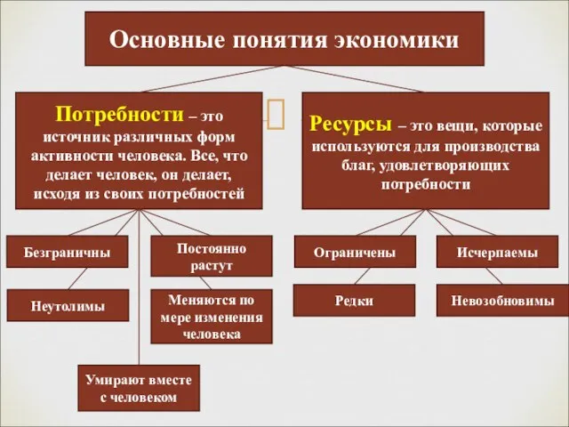 Основные понятия экономики Потребности – это источник различных форм активности человека.