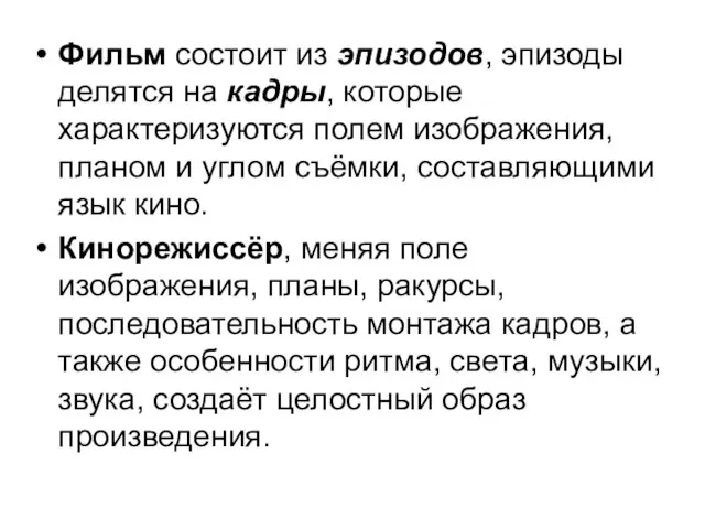 Фильм состоит из эпизодов, эпизоды делятся на кадры, которые характеризуются полем