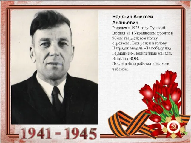 Бодягин Алексей Ананьевич Родился в 1923 году. Русский. Воевал на I