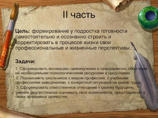 II часть Цель: формирование у подростка готовности самостоятельно и осознанно строить