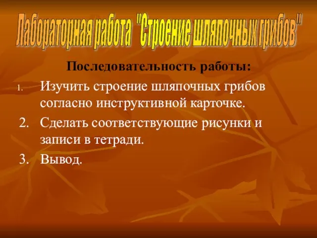 Последовательность работы: Изучить строение шляпочных грибов согласно инструктивной карточке. 2. Сделать