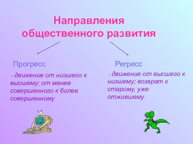 Направления общественного развития Прогресс Регресс - движение от низшего к высшему;