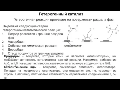 Гетерогенный катализ Выделяют следующие стадии гетерогенной каталитической реакции: Подвод реагентов к