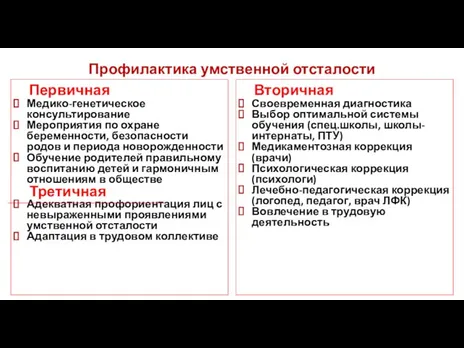 Профилактика умственной отсталости Первичная Медико-генетическое консультирование Мероприятия по охране беременности, безопасности