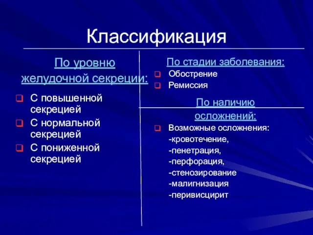 Классификация По уровню желудочной секреции: С повышенной секрецией С нормальной секрецией