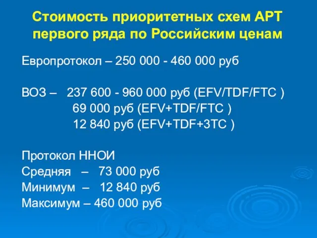 Стоимость приоритетных схем АРТ первого ряда по Российским ценам Европротокол –