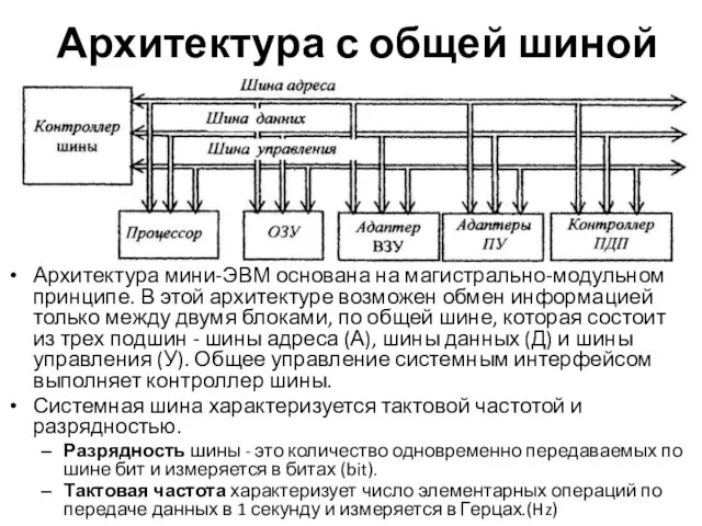 Архитектура мини-ЭВМ основана на магистрально-модульном принципе. В этой архитектуре возможен обмен