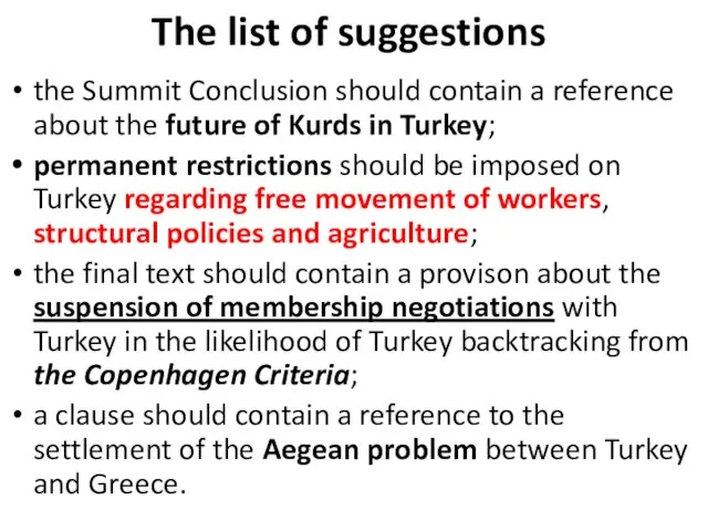 The list of suggestions the Summit Conclusion should contain a reference