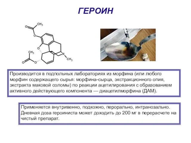 ГЕРОИН Производится в подпольных лабораториях из морфина (или любого морфин содержащего