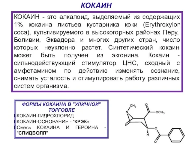 КОКАИН ФОРМЫ КОКАИНА В "УЛИЧНОЙ" ТОРГОВЛЕ КОКАИН-ГИДРОХЛОРИД КОКАИН-ОСНОВАНИЕ - "КРЭК« Смесь