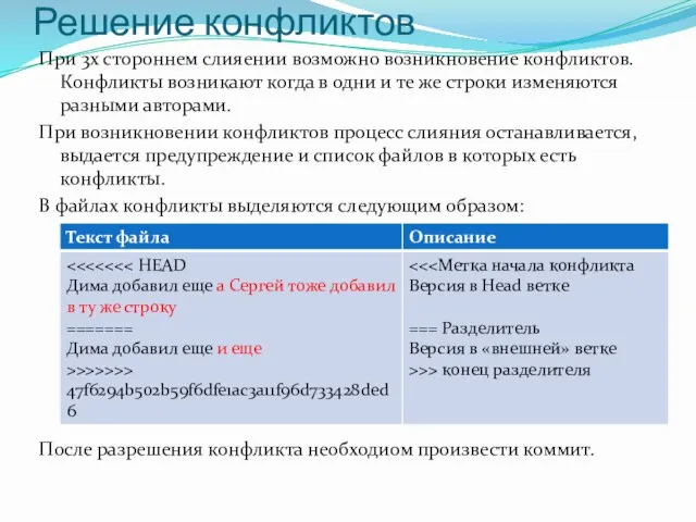 Решение конфликтов При 3х стороннем слияении возможно возникновение конфликтов. Конфликты возникают