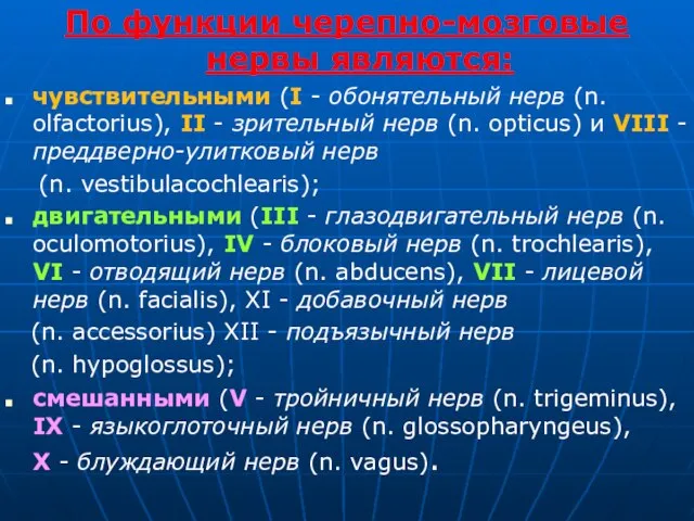 По функции черепно-мозговые нервы являются: чувствительными (I - обонятельный нерв (n.