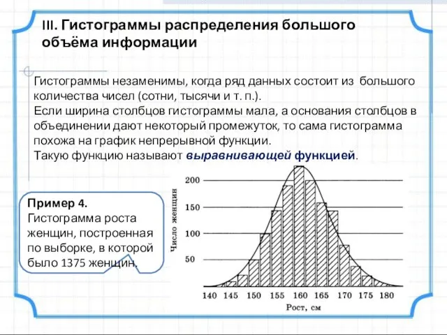 III. Гистограммы распределения большого объёма информации Гистограммы незаменимы, когда ряд данных