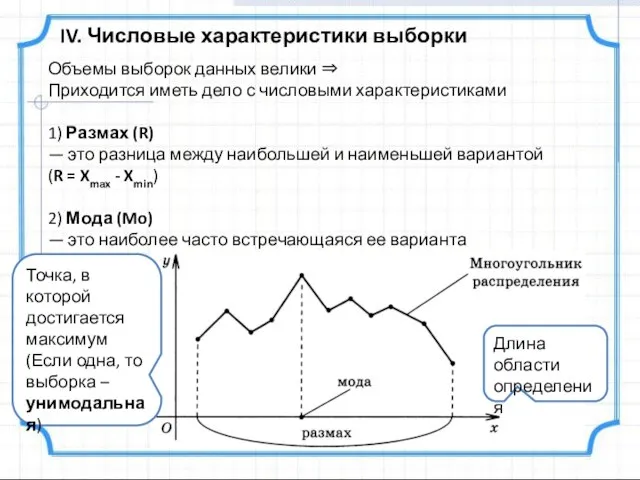 IV. Числовые характеристики выборки Объемы выборок данных велики ⇒ Приходится иметь