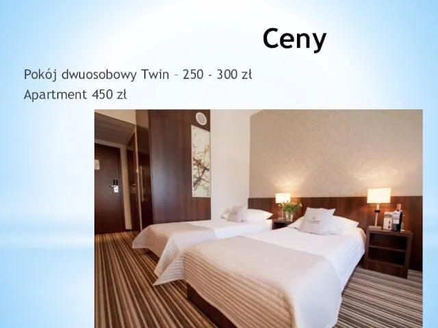 Ceny Pokój dwuosobowy Twin – 250 - 300 zł Apartment 450 zł