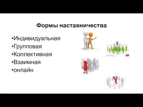 Формы наставничества Индивидуальная Групповая Коллективная Взаимная онлайн