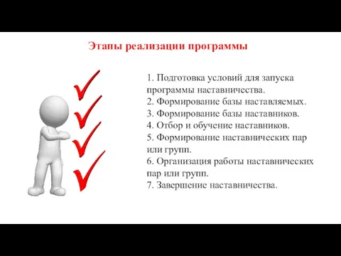 Этапы реализации программы 1. Подготовка условий для запуска программы наставничества. 2.