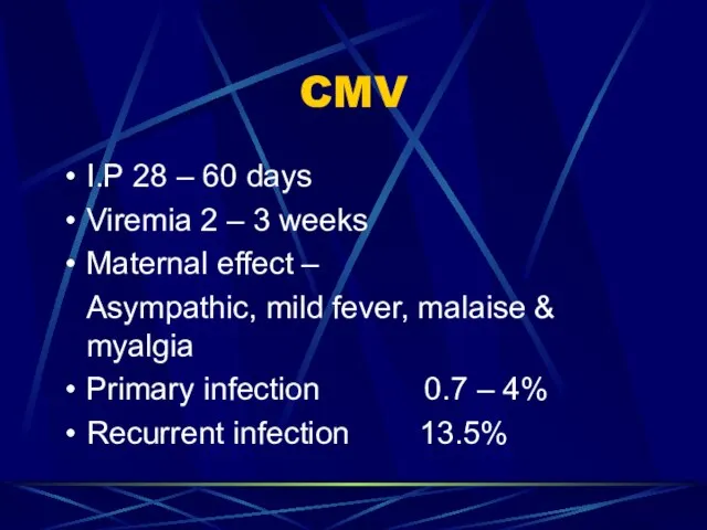 CMV I.P 28 – 60 days Viremia 2 – 3 weeks