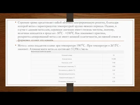 Строение хрома представляет собой объемно-центрированную решетку, благодаря которой металл характеризуется температурой