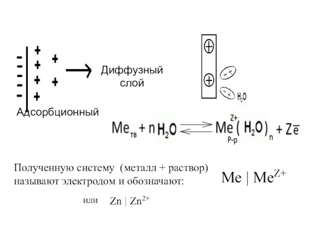 Диффузный слой Адсорбционный Полученную систему (металл + раствор) называют электродом и