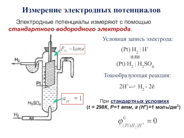 Измерение электродных потенциалов Электродные потенциалы измеряют с помощью стандартного водородного электрода.