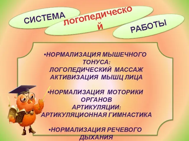 СИСТЕМА РАБОТЫ логопедической НОРМАЛИЗАЦИЯ МЫШЕЧНОГО ТОНУСА: ЛОГОПЕДИЧЕСКИЙ МАССАЖ АКТИВИЗАЦИЯ МЫШЦ ЛИЦА