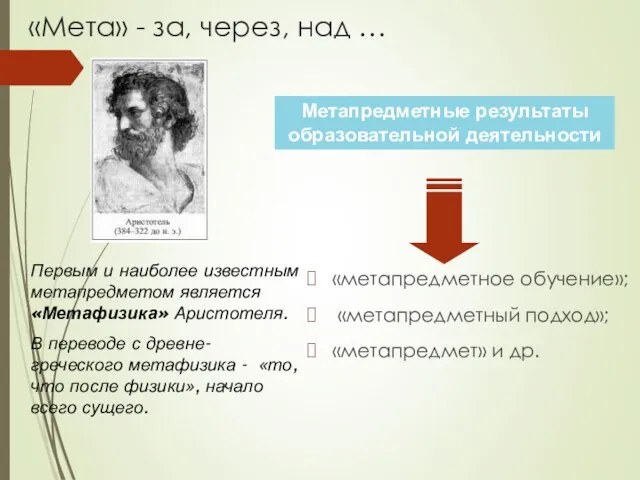 «метапредметное обучение»; «метапредметный подход»; «метапредмет» и др. «Мета» - за, через,