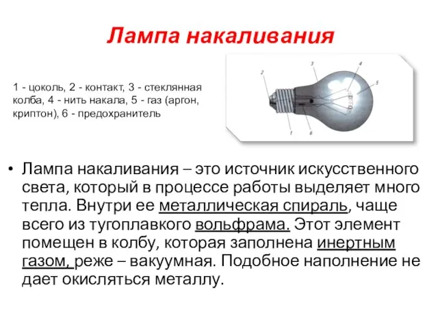 Лампа накаливания Лампа накаливания – это источник искусственного света, который в