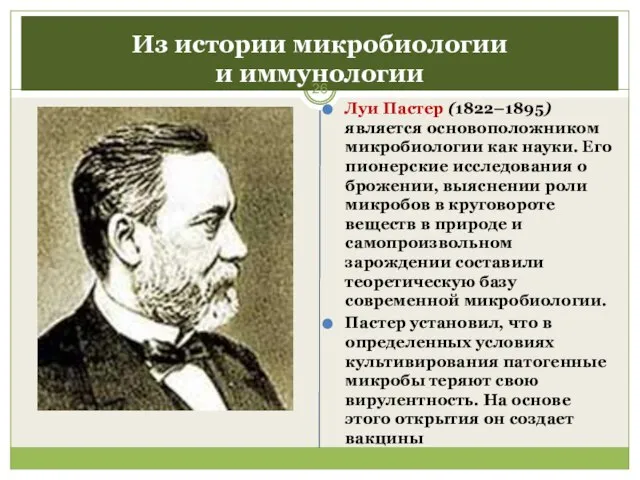 Из истории микробиологии и иммунологии Луи Пастер (1822–1895) является основоположником микробиологии