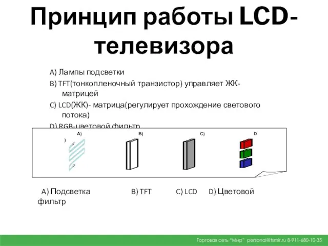 Принцип работы LCD-телевизора A) Подсветка B) TFT C) LCD D) Цветовой