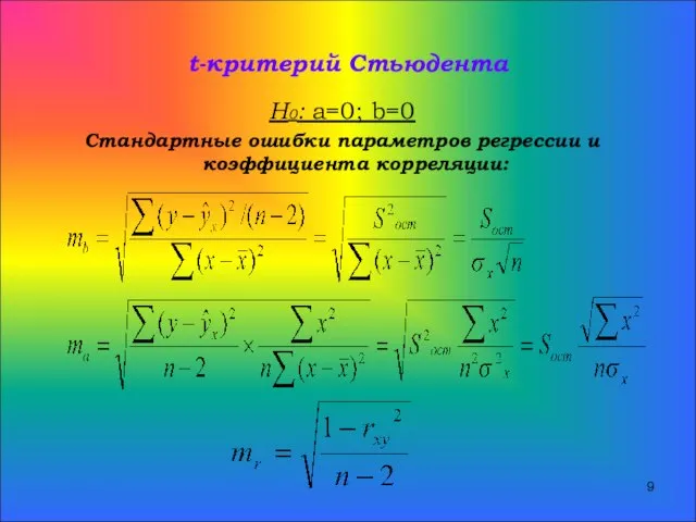 t-критерий Стьюдента Н0: а=0; b=0 Стандартные ошибки параметров регрессии и коэффициента корреляции: