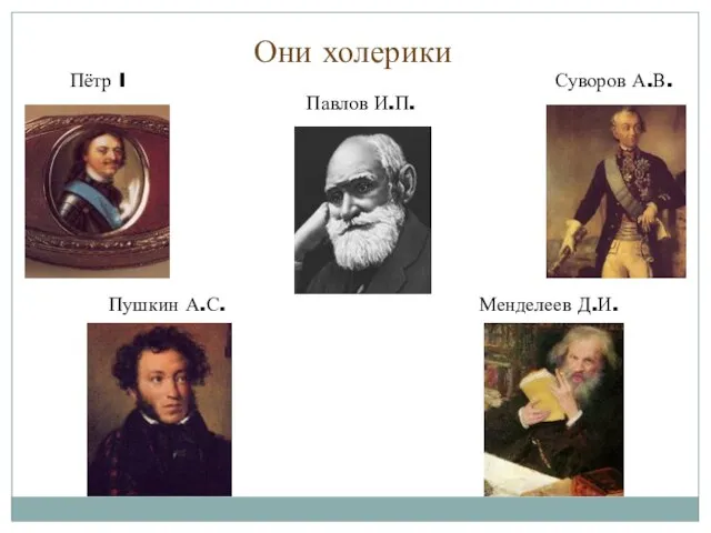 Они холерики Суворов А.В. Пётр I Менделеев Д.И. Пушкин А.С. Павлов И.П.