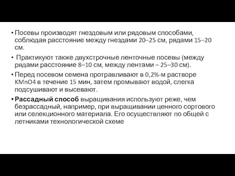 Посевы производят гнездовым или рядовым способами, соблюдая расстояние между гнездами 20–25