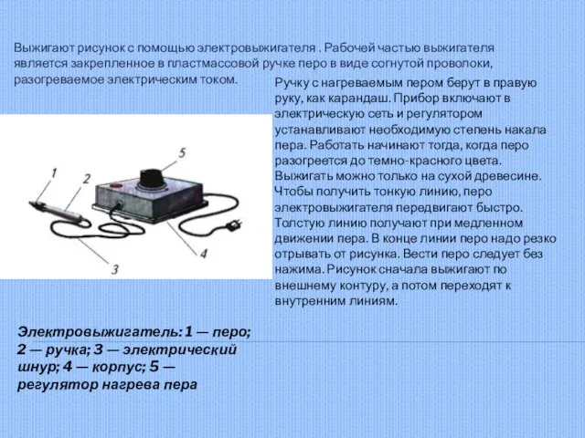 Выжигают рисунок с помощью электровыжигателя . Рабочей частью выжигателя является закрепленное