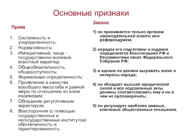 Основные признаки Права Системность и упорядоченность; Нормативность; Императивный, чаще - государственно-волевой,