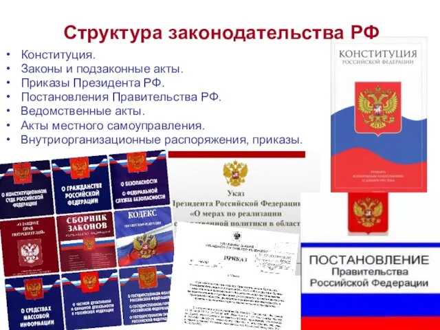 Структура законодательства РФ Конституция. Законы и подзаконные акты. Приказы Президента РФ.