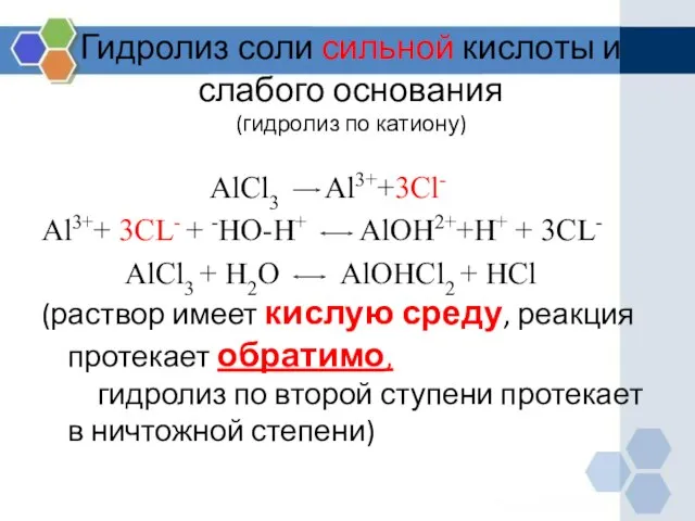 Гидролиз соли сильной кислоты и слабого основания (гидролиз по катиону) AlCl3