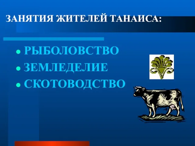 ЗАНЯТИЯ ЖИТЕЛЕЙ ТАНАИСА: РЫБОЛОВСТВО ЗЕМЛЕДЕЛИЕ СКОТОВОДСТВО