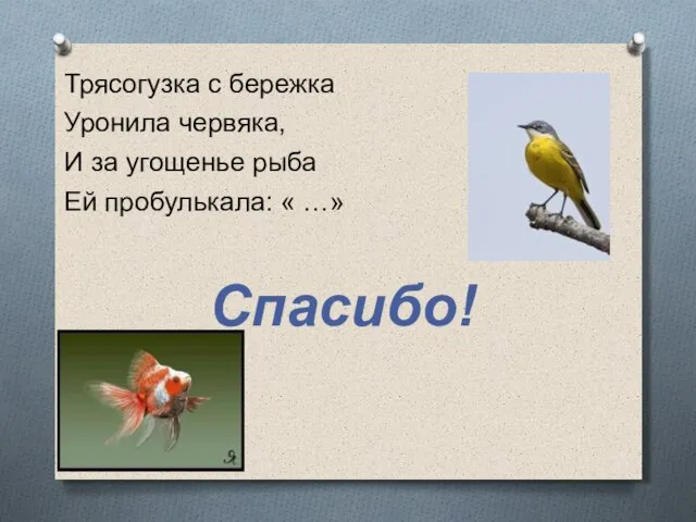 Трясогузка с бережка Уронила червяка, И за угощенье рыба Ей пробулькала: « …» Спасибо!