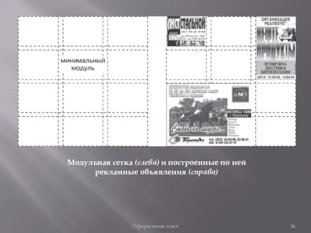 Оформление газет Модульная сетка (слева) и построенные по ней рекламные объявления (справа)