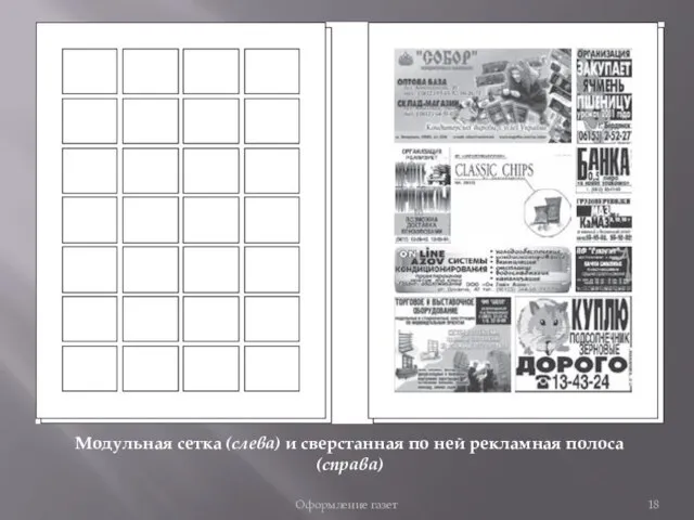 Оформление газет Модульная сетка (слева) и сверстанная по ней рекламная полоса (справа)