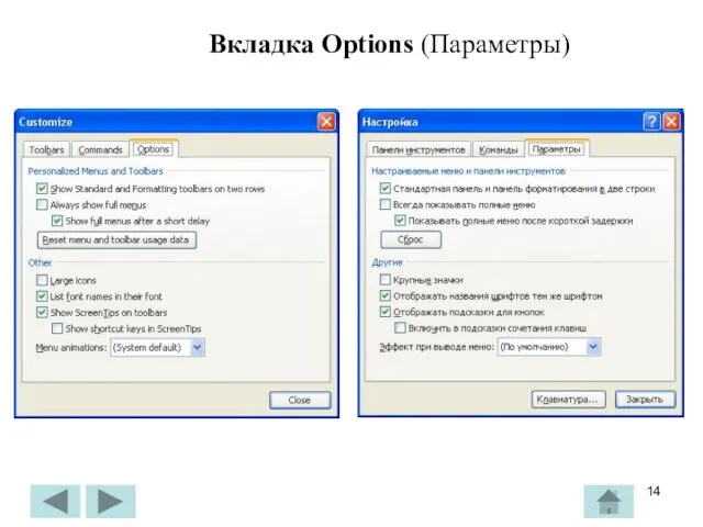 Вкладка Options (Параметры)