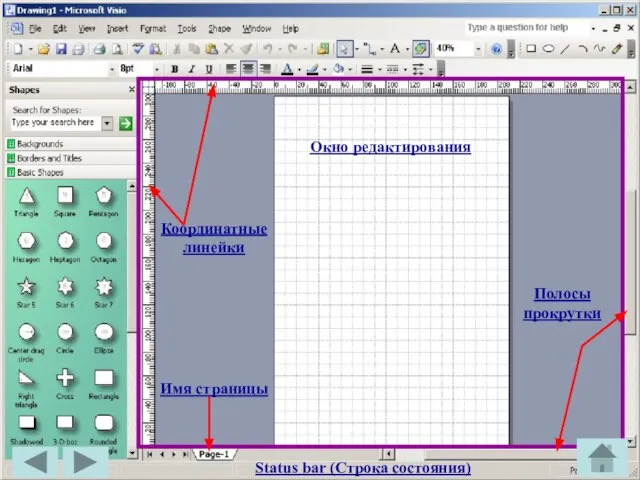 Окно редактирования Координатные линейки Имя страницы Полосы прокрутки Status bar (Строка состояния)