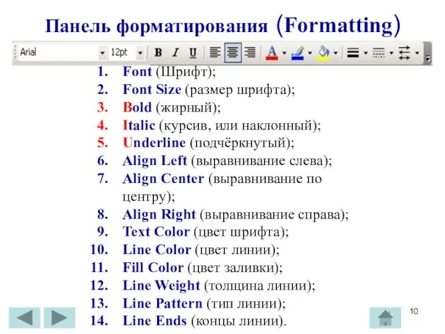 Панель форматирования (Formatting) Font (Шрифт); Font Size (размер шрифта); Bold (жирный);